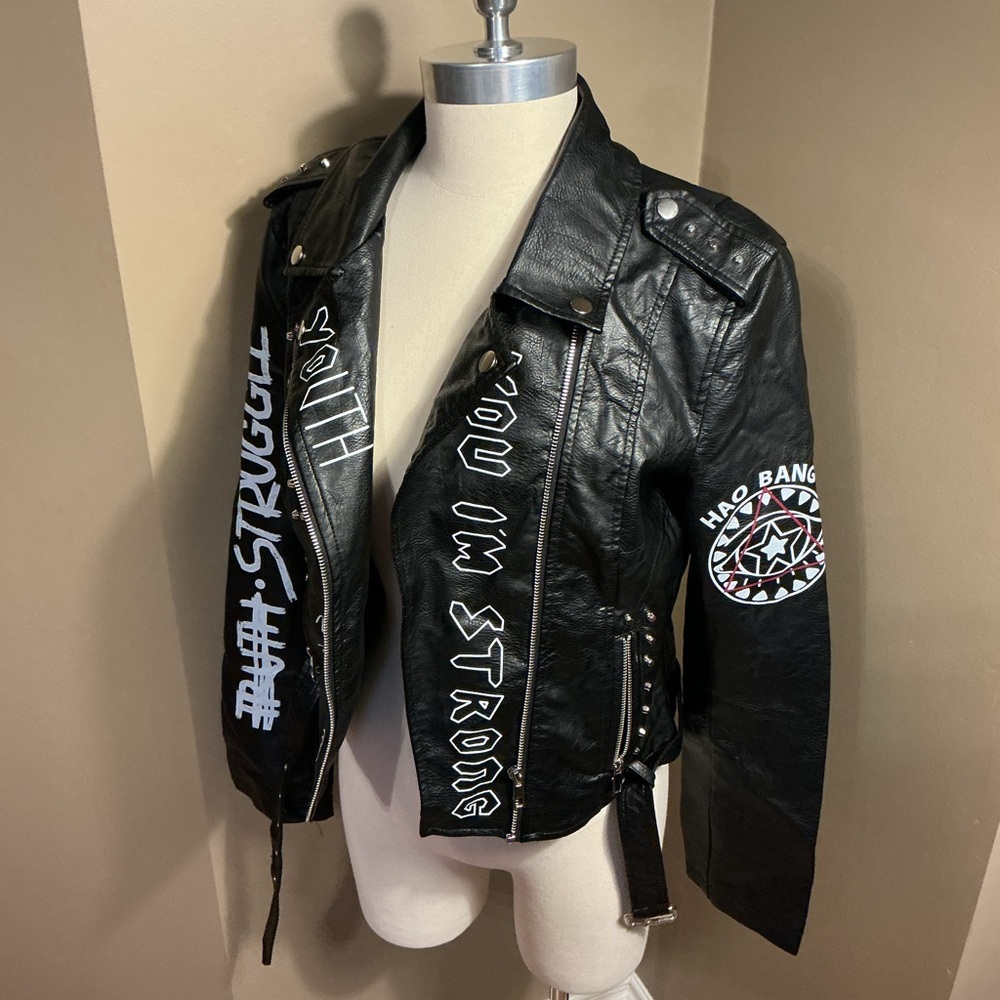 Black Leather Studded Graphic Jacket - Picture 3 of 5